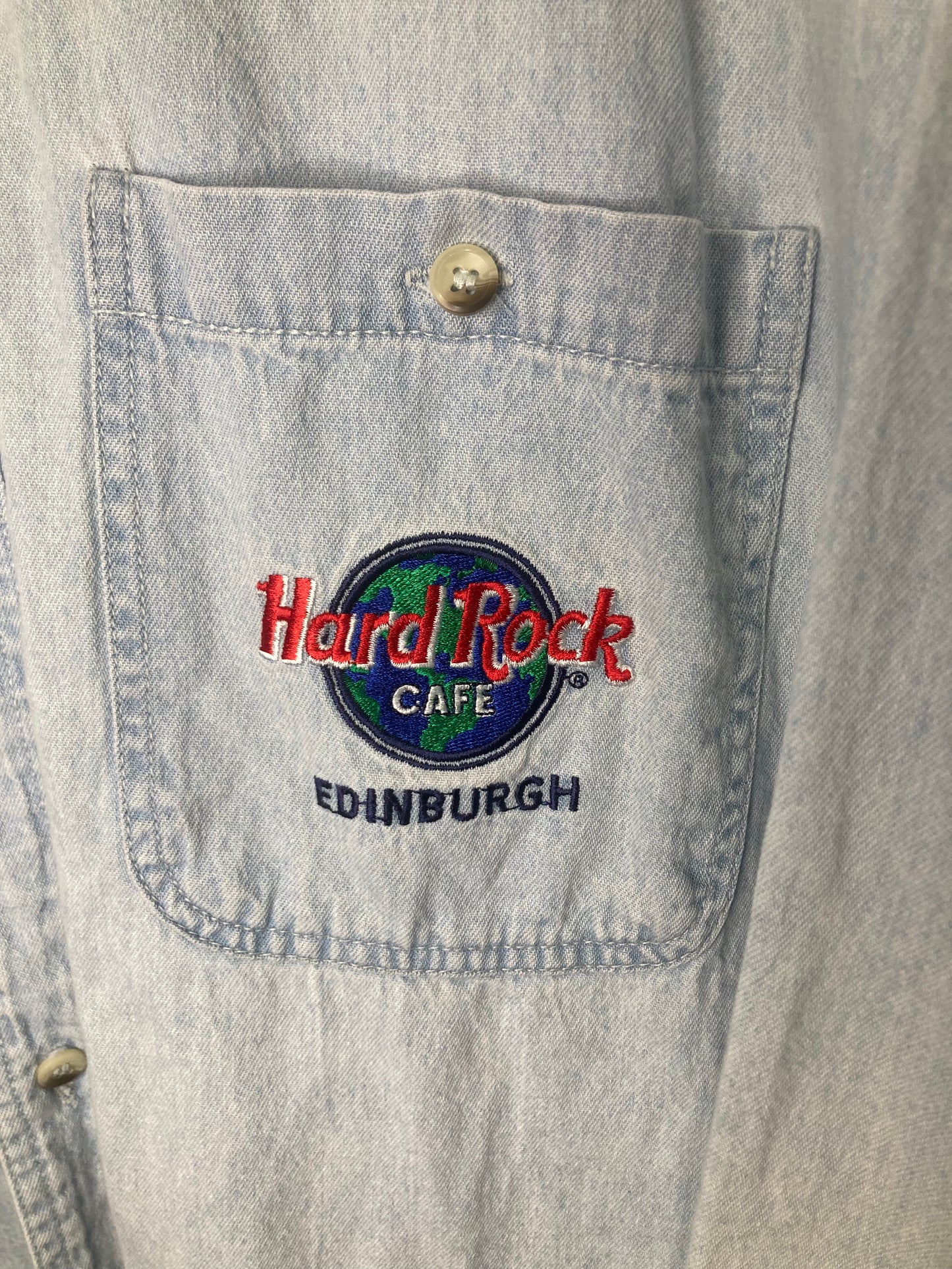 Vintage Authentic Hard Rock Cafe [Edinburgh] Denim Button Down Shirt (Sz XL)