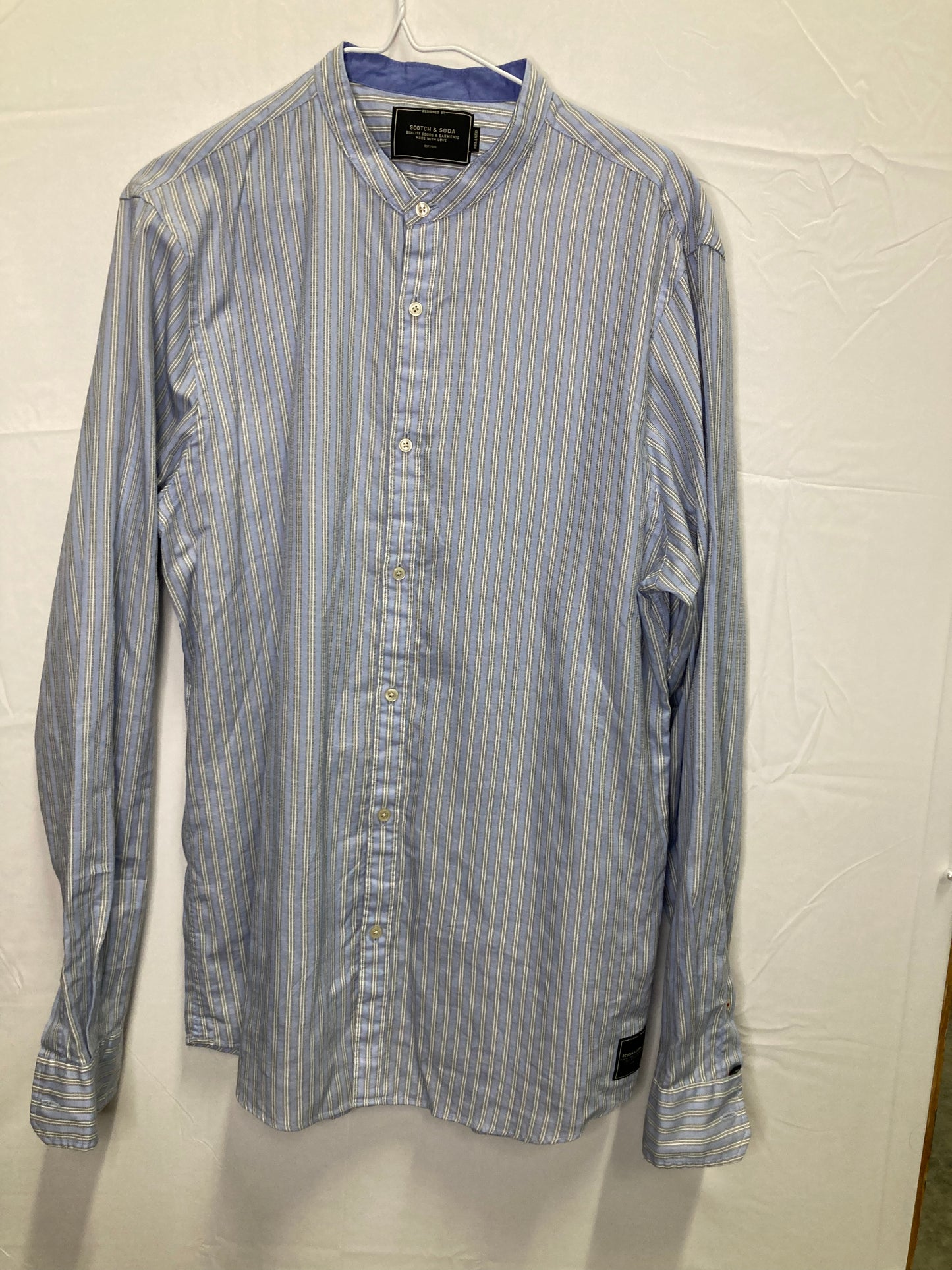 Scotch & Soda Designer Relaxed Fit Collarless Button Down Long Sleeve Dress Shirt (Sz Large)